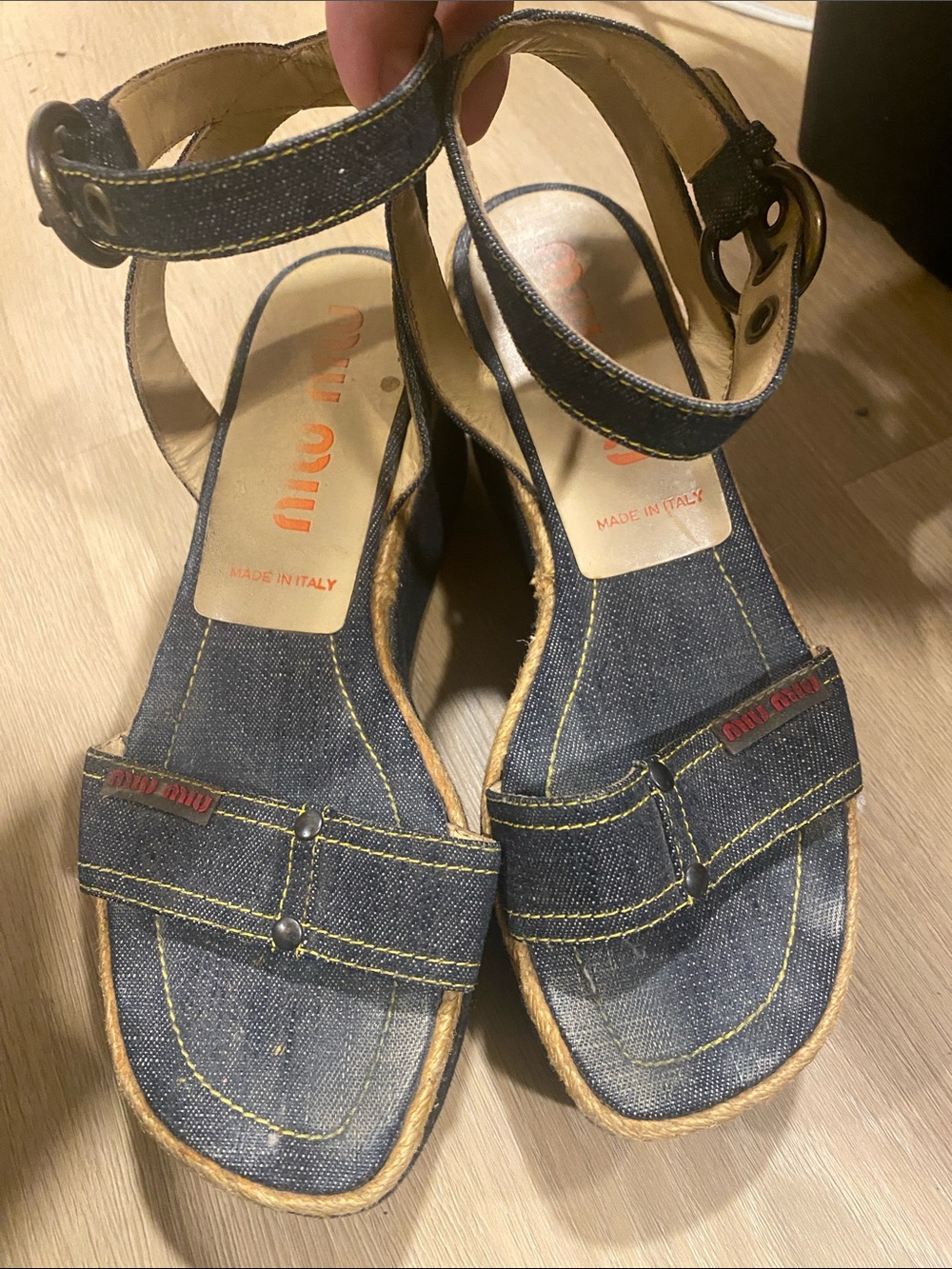 Vintage Miu Miu Denim Blue Espadrille Wedge Sandals with Ankle Strap